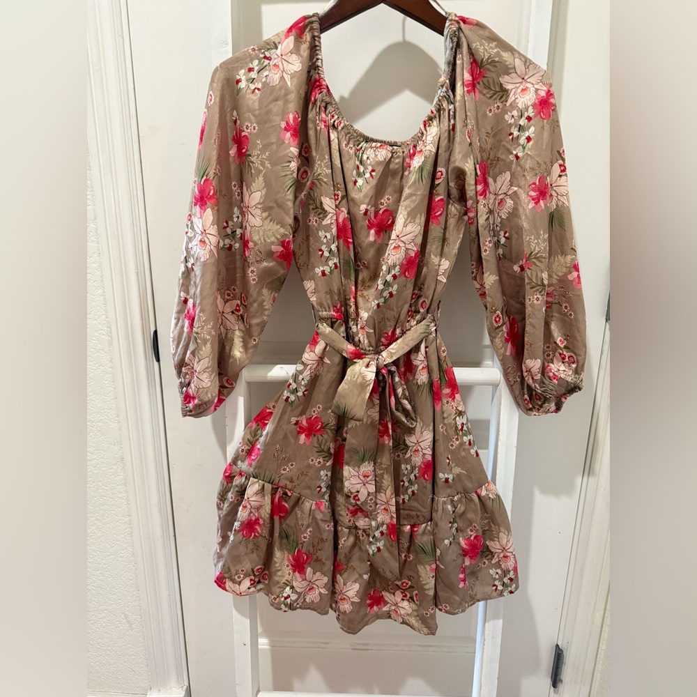 Floral Tie-Waist Mini Dress in Beige with Pink Flowers